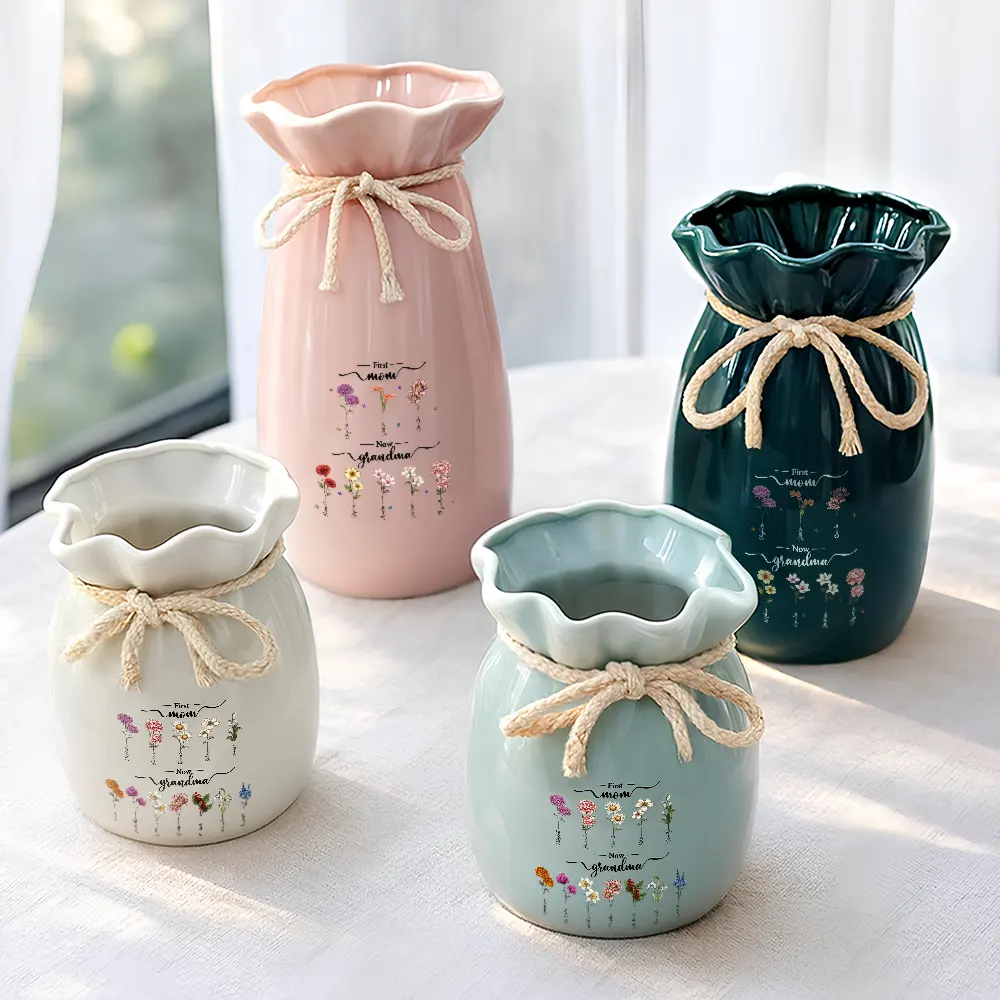 Birth Month Flowers First Mom Now Grandma - Personalized Ribbon Tie Flower Vase - Image 2