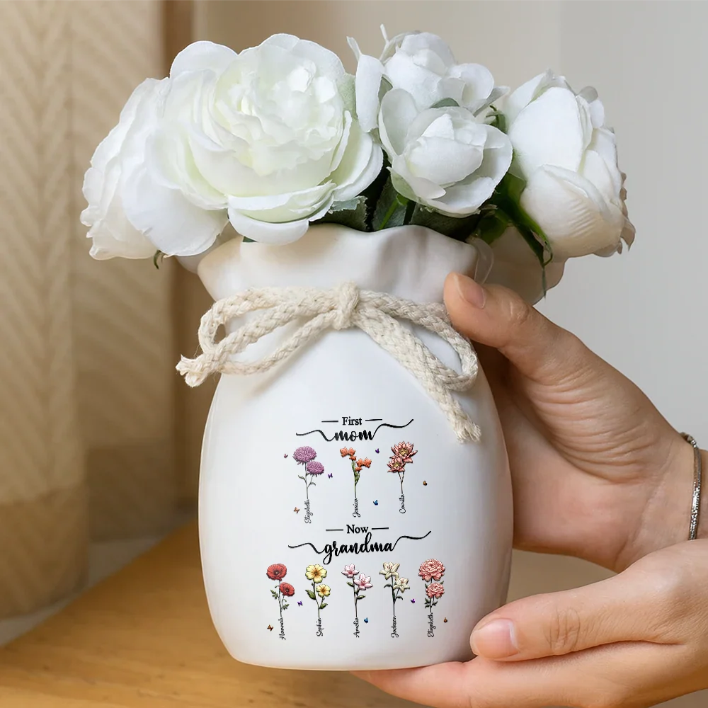 Birth Month Flowers First Mom Now Grandma - Personalized Ribbon Tie Flower Vase - Image 4