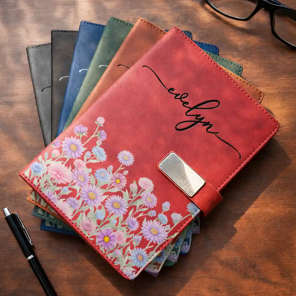 Birth Month Flowers In Bloom - Personalized Leather Notebook Set - Image 3