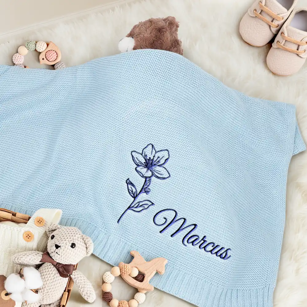 Birth Month Flowers Sketch Baby Name - Personalized Embroidered Knitted Baby Blanket - Image 3