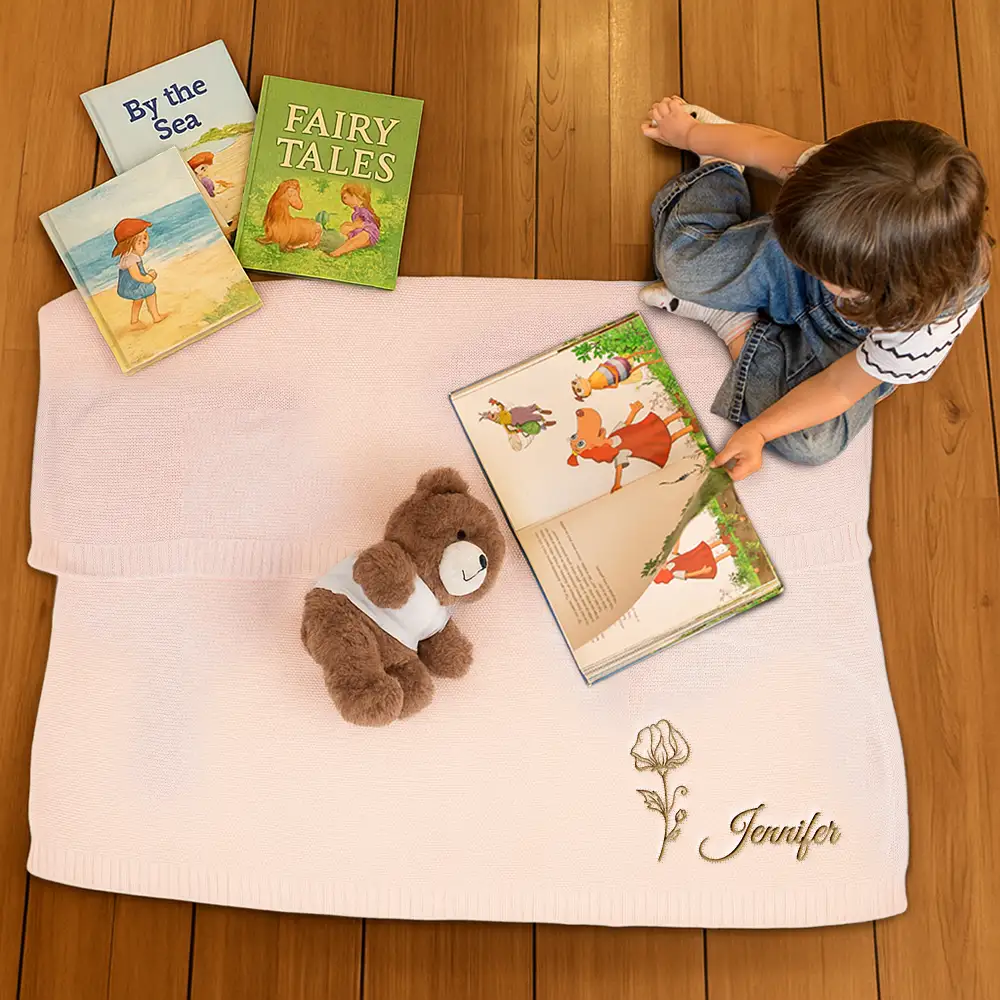 Birth Month Flowers Sketch Baby Name - Personalized Embroidered Knitted Baby Blanket - Image 4