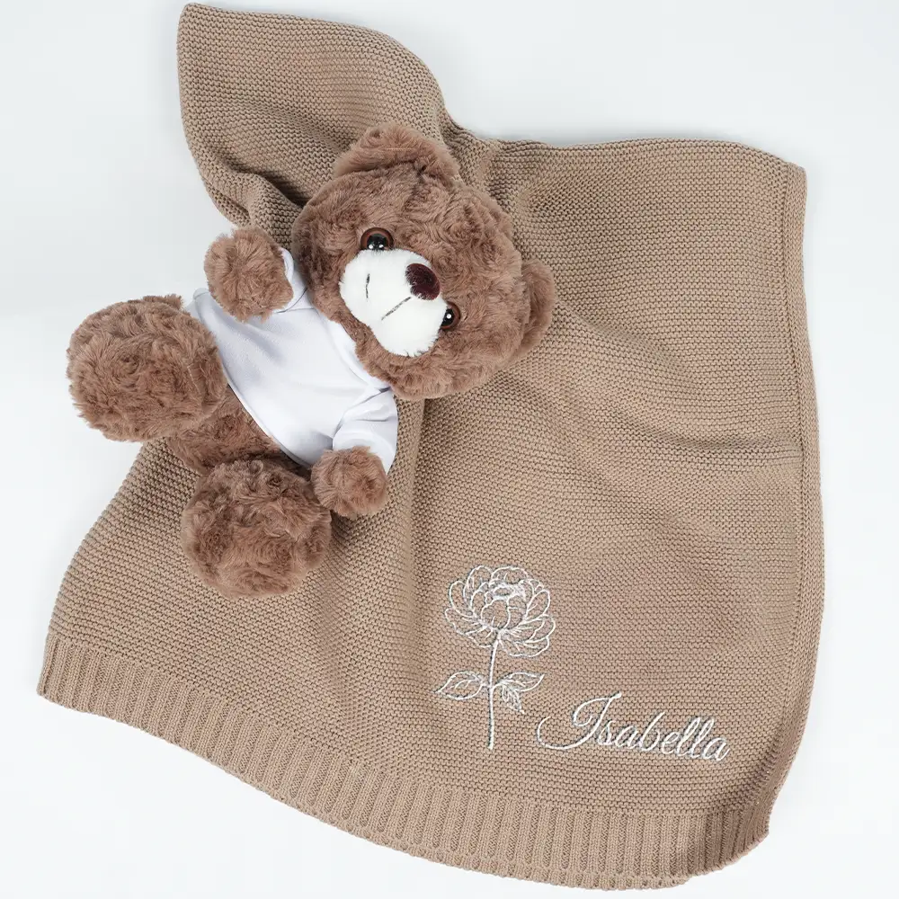 Birth Month Flowers Sketch Baby Name - Personalized Embroidered Knitted Baby Blanket - Image 6