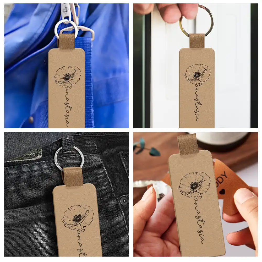 Birth Month Flowers Sketch Bloom Where You're Planted - Personalized Custom Shaped Leather Keychain - Image 5
