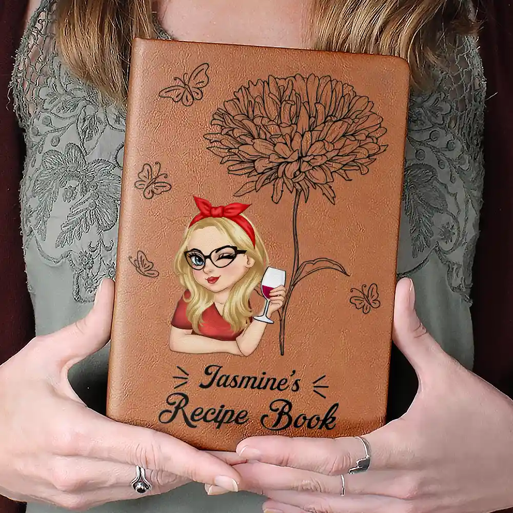 Birth Month Flowers Sketch Cooking Recipe Book - Personalized Leather Journal - Image 4