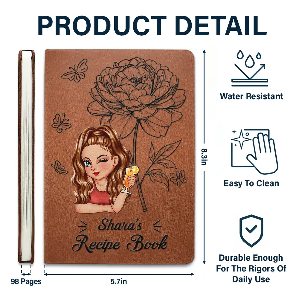 Birth Month Flowers Sketch Cooking Recipe Book - Personalized Leather Journal - Image 5