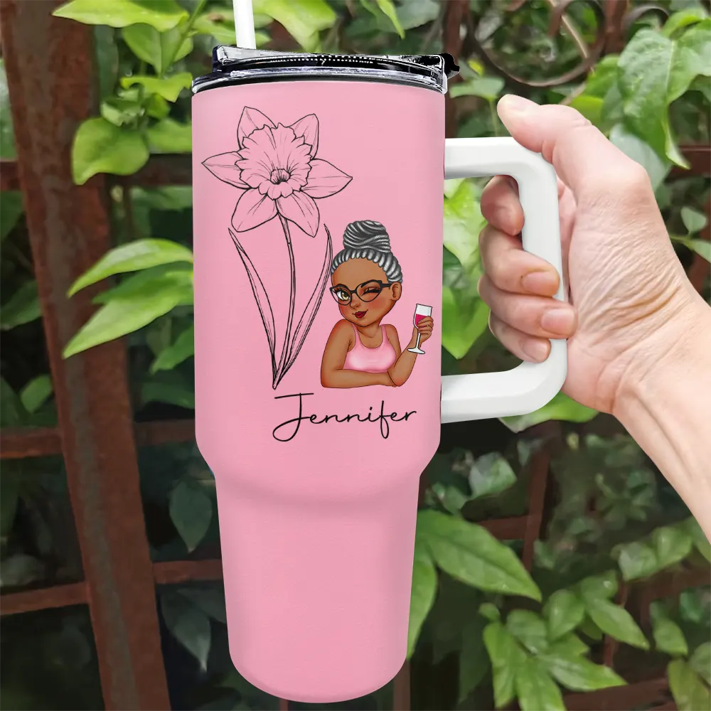 Birth Month Flowers Sketch Girl Bloom Where You're Planted - Personalized 40oz Tumbler With Straw - Image 2