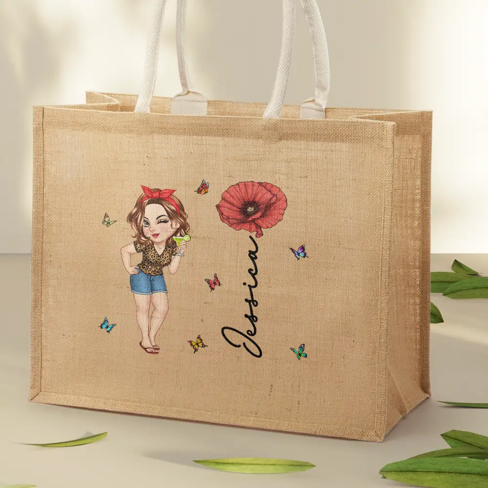 Birth Month Flowers Summer Girl At The Beach - Personalized Jute Beach Bag - Image 2