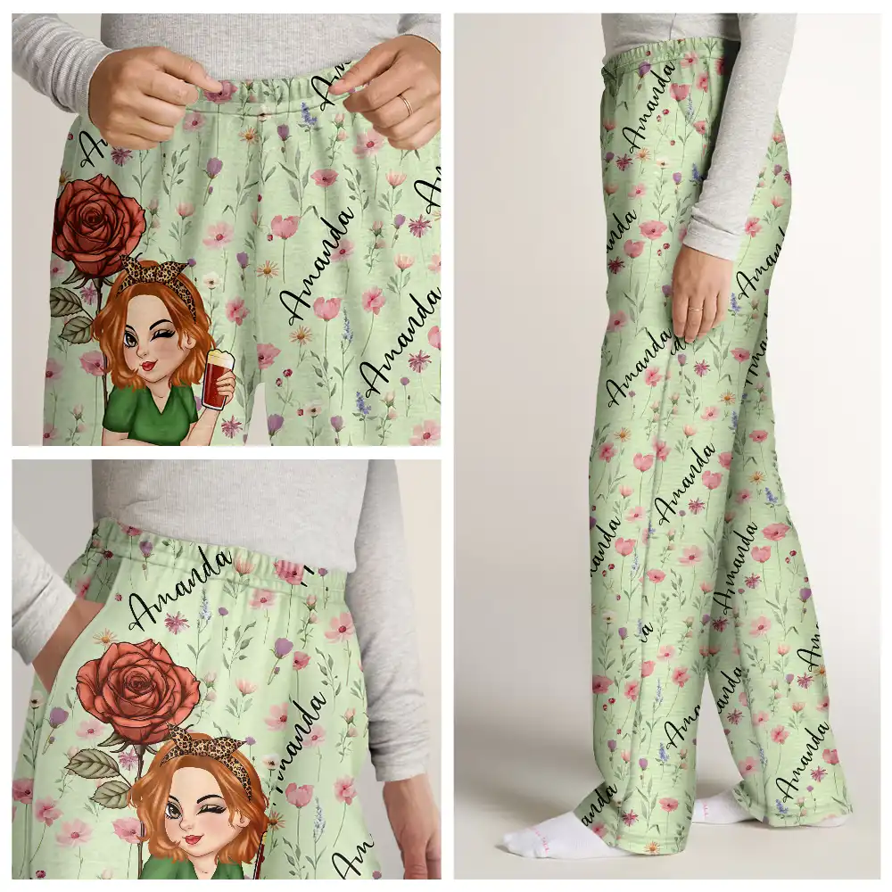 Birth Month Flowers Turban Woman - Personalized Pajama Pants - Image 5