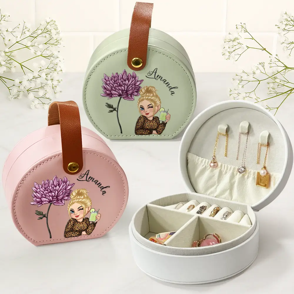 Birth Month Flowers Woman - Personalized Jewelry Box With Handle - Image 2