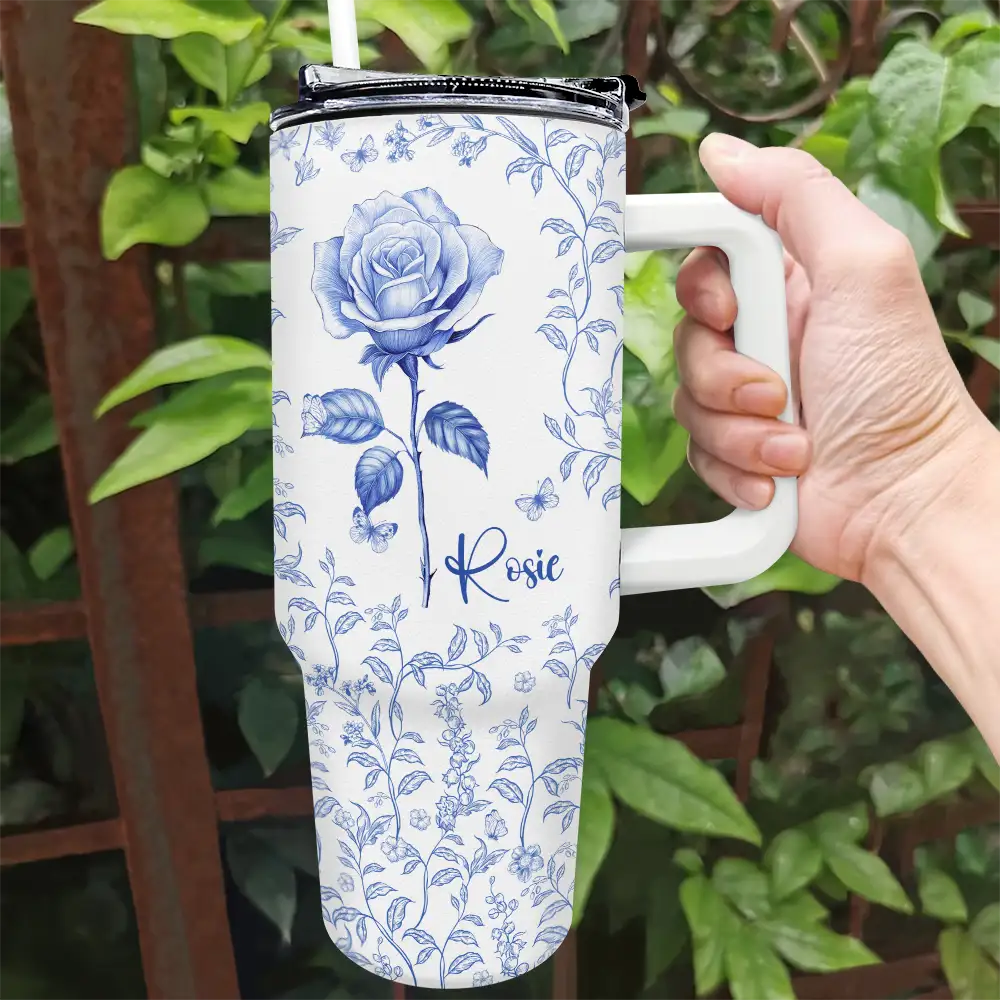 Bloom Where You're Planted Toile Birth Flower - Personalized 40oz Tumbler With Straw - Image 2