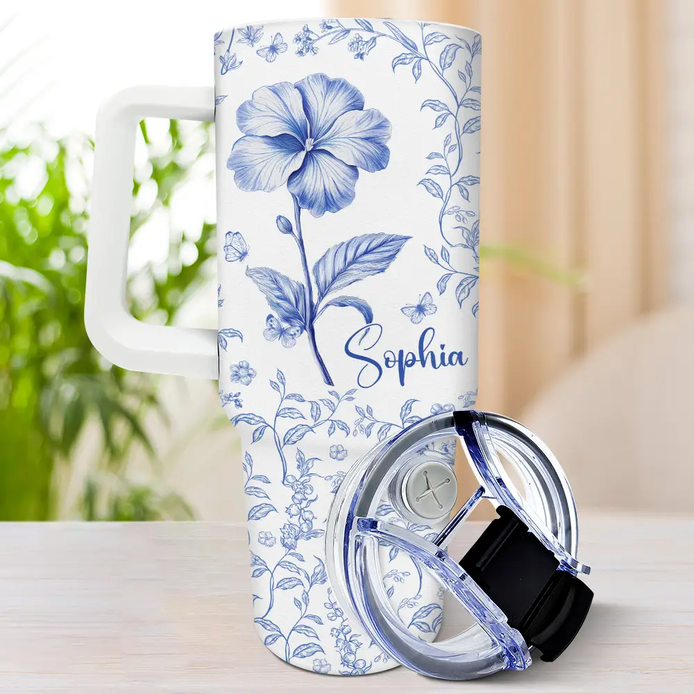 Bloom Where You're Planted Toile Birth Flower - Personalized 40oz Tumbler With Straw - Image 3