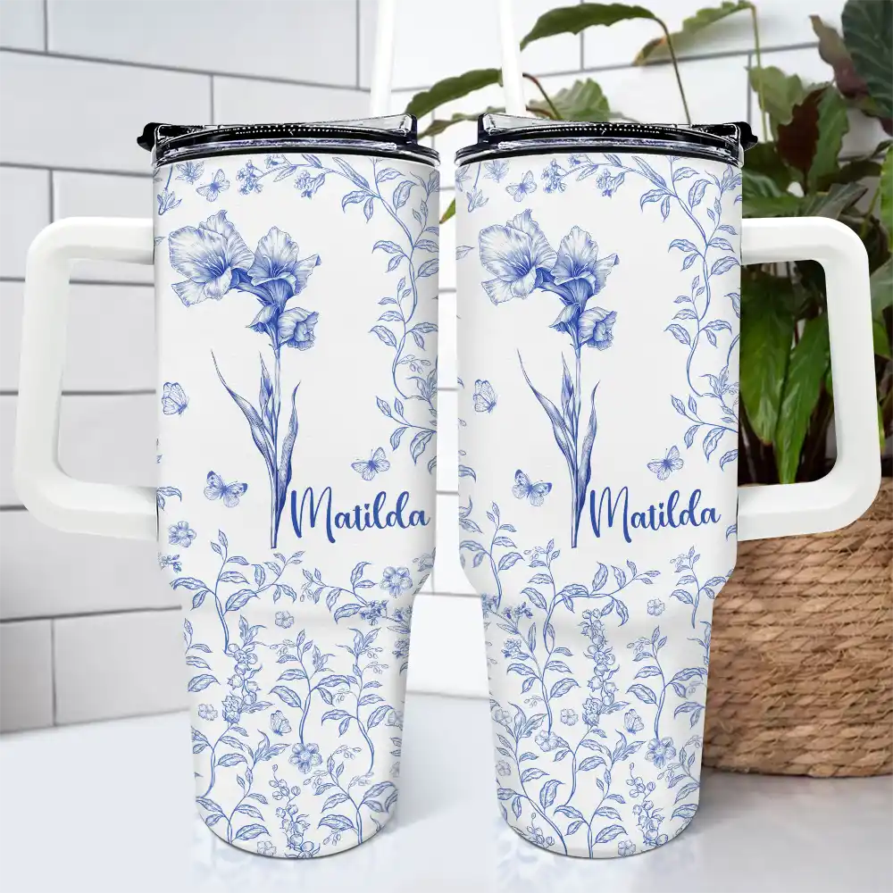 Bloom Where You're Planted Toile Birth Flower - Personalized 40oz Tumbler With Straw - Image 4