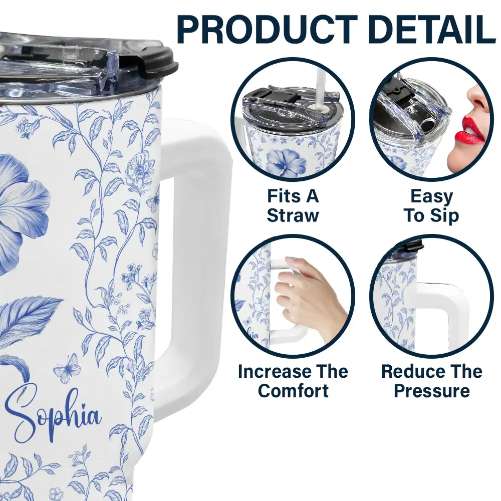 Bloom Where You're Planted Toile Birth Flower - Personalized 40oz Tumbler With Straw - Image 5