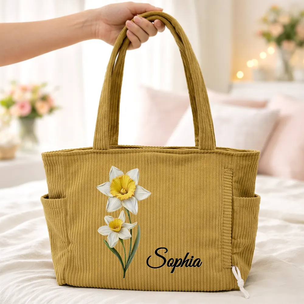Blooming In Love Faux Pressed Birth Flower - Personalized Corduroy Tote Bag - Image 4