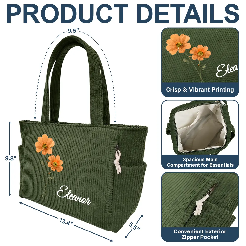 Blooming In Love Faux Pressed Birth Flower - Personalized Corduroy Tote Bag - Image 5