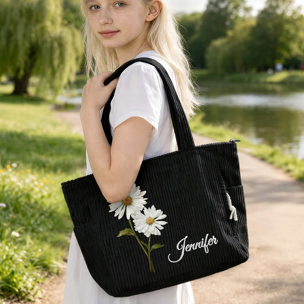 Blooming In Love Faux Pressed Birth Flower - Personalized Corduroy Tote Bag - Image 6