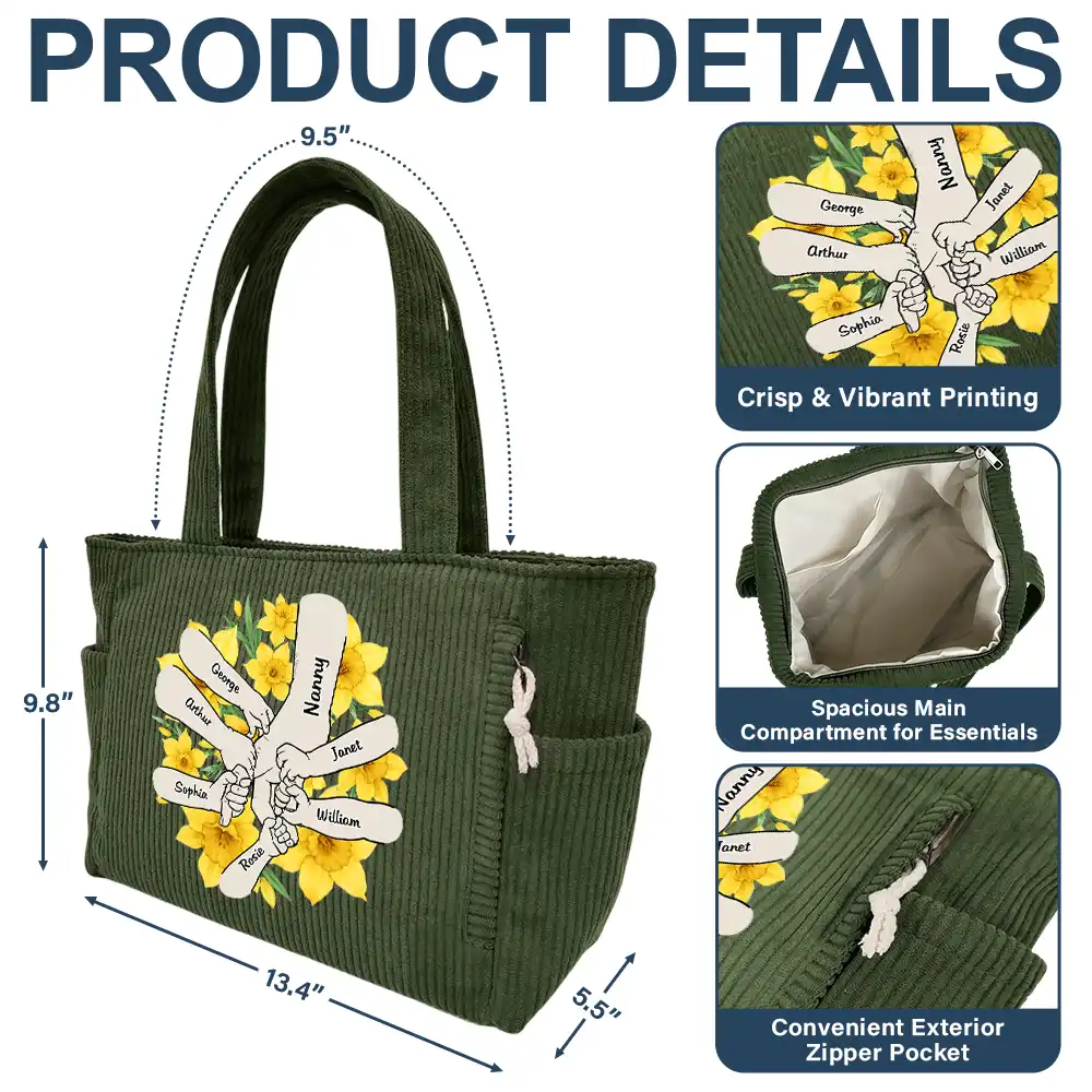 Blooming In Mom's Grandma's Hands - Personalized Corduroy Tote Bag - Image 5
