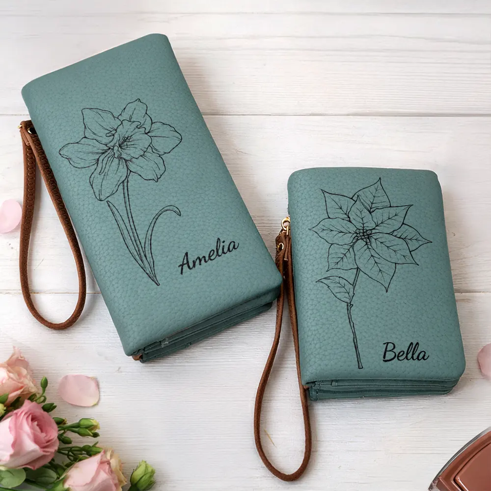 Blooming With Birth Flowers - Personalized Tri-Fold PU Leather Wristlet Wallet - Image 2