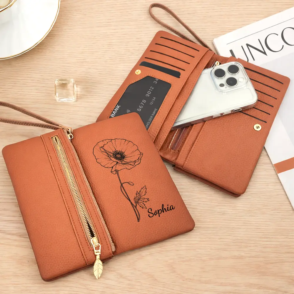 Blooming With Birth Flowers - Personalized Tri-Fold PU Leather Wristlet Wallet - Image 4