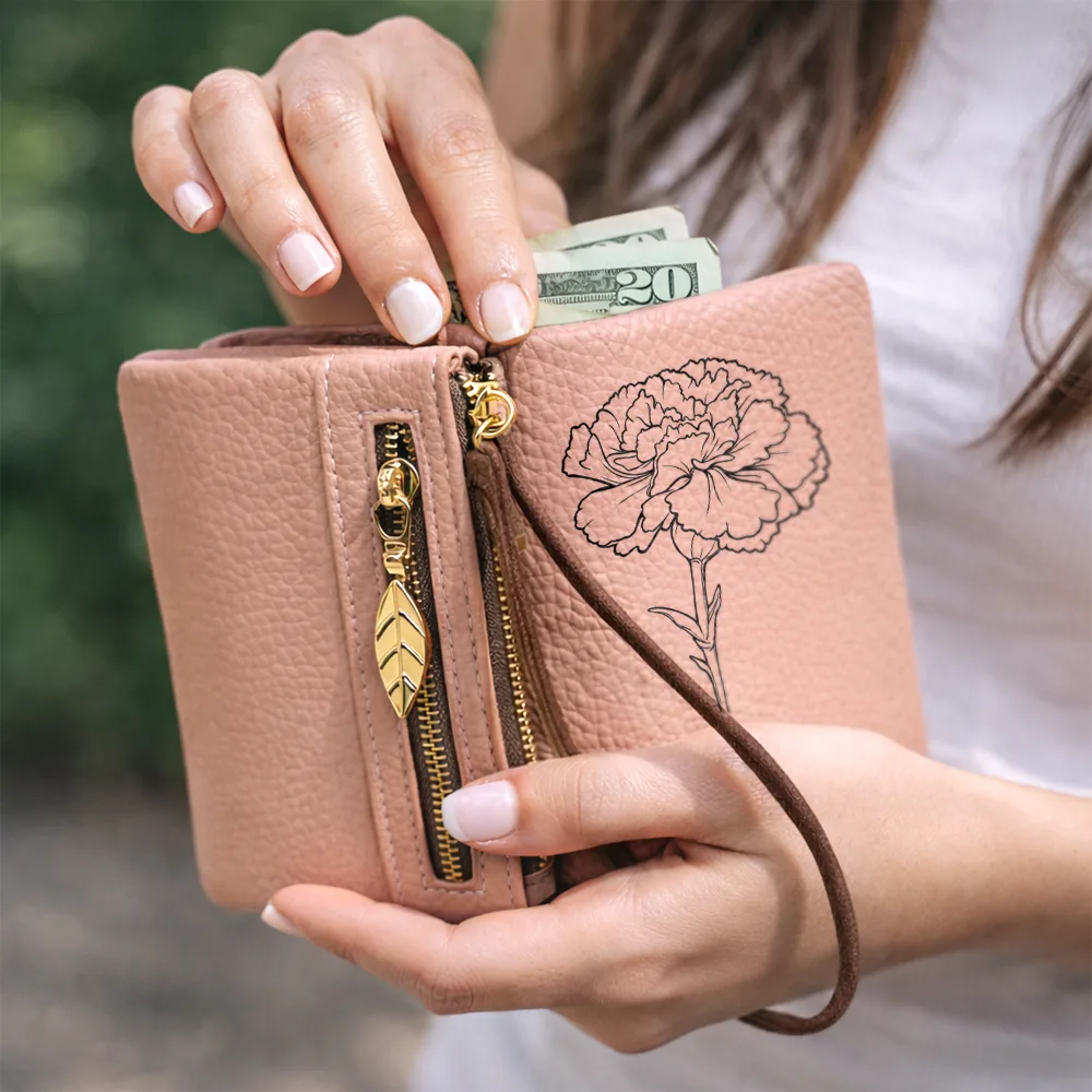Blooming With Birth Flowers - Personalized Tri-Fold PU Leather Wristlet Wallet - Image 5