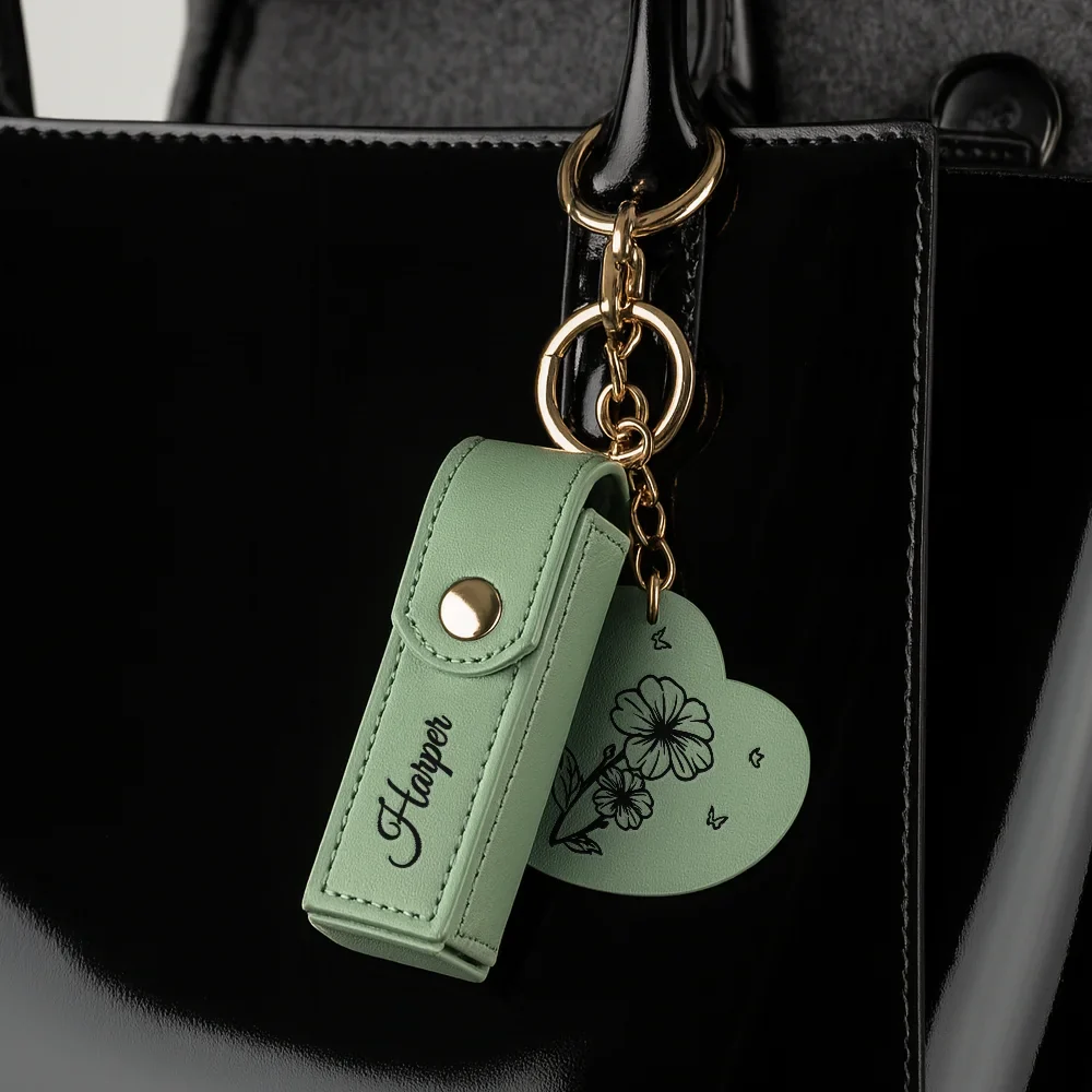 Blooming With Birth Month Flower - Personalized Leather Lipstick Case Keychain With Mirror - Image 4