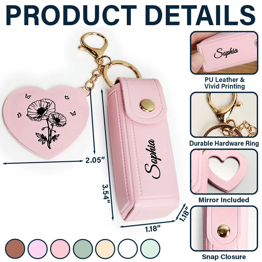 Blooming With Birth Month Flower - Personalized Leather Lipstick Case Keychain With Mirror - Image 5
