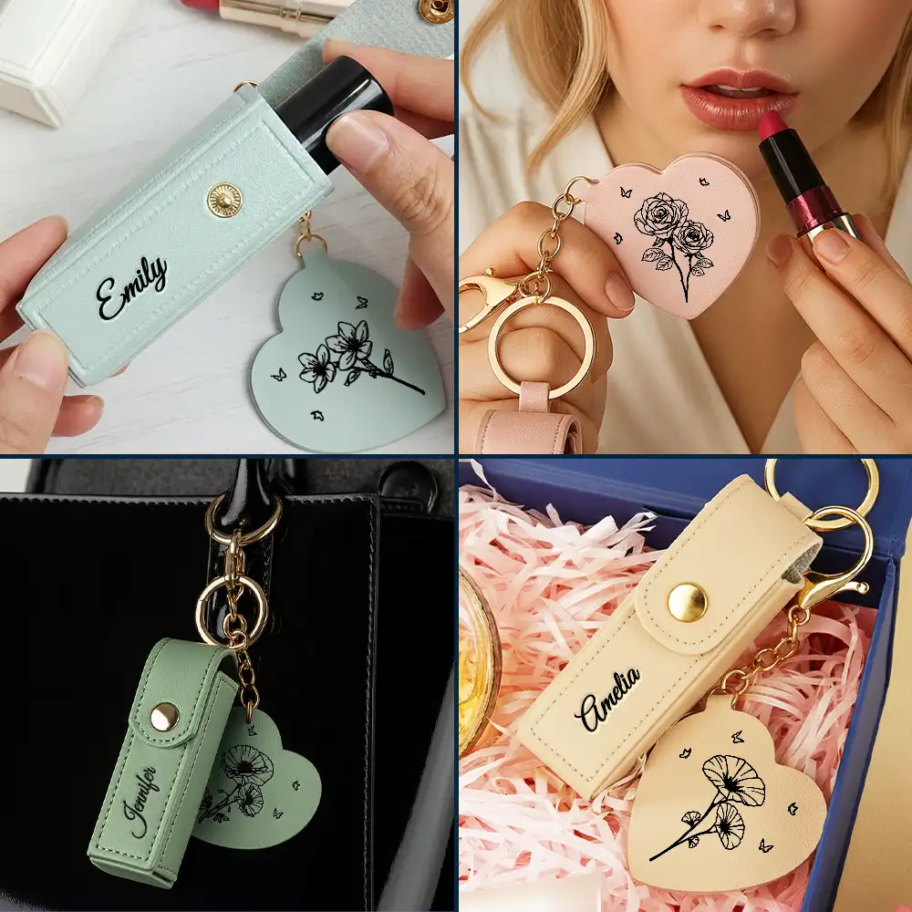Blooming With Birth Month Flower - Personalized Leather Lipstick Case Keychain With Mirror - Image 6
