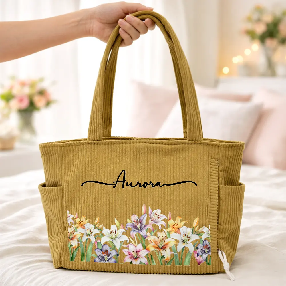 Blooms With Love - Personalized Corduroy Tote Bag - Image 4