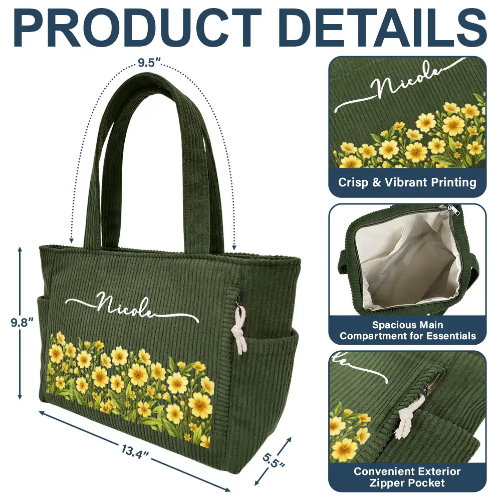 Blooms With Love - Personalized Corduroy Tote Bag - Image 5