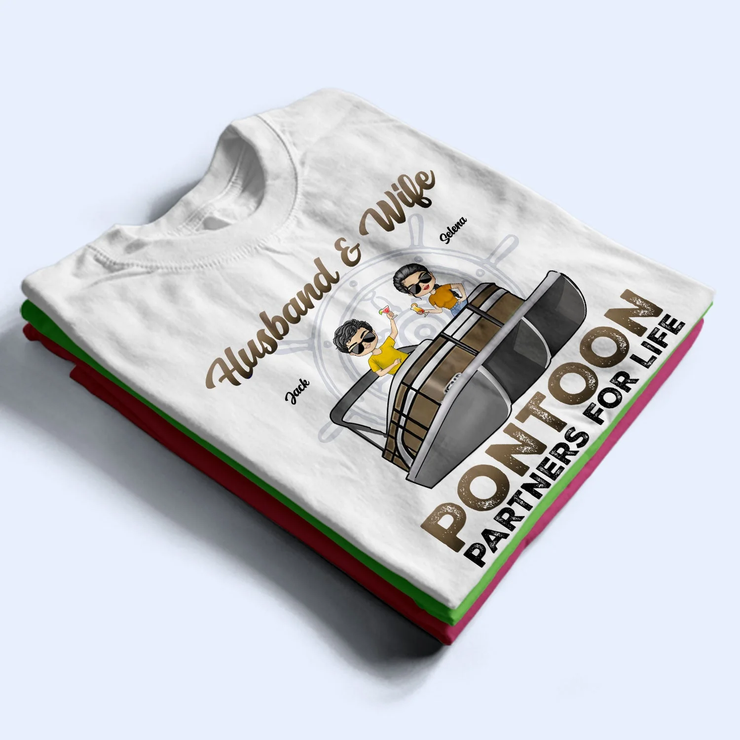 Boating Husband & Wife Pontoon Partners For Life - Traveling, Cruising Gift For Couples, Pontooning Lovers, Beach Lovers, Travelers - Personalized Custom T Shirt - Image 2