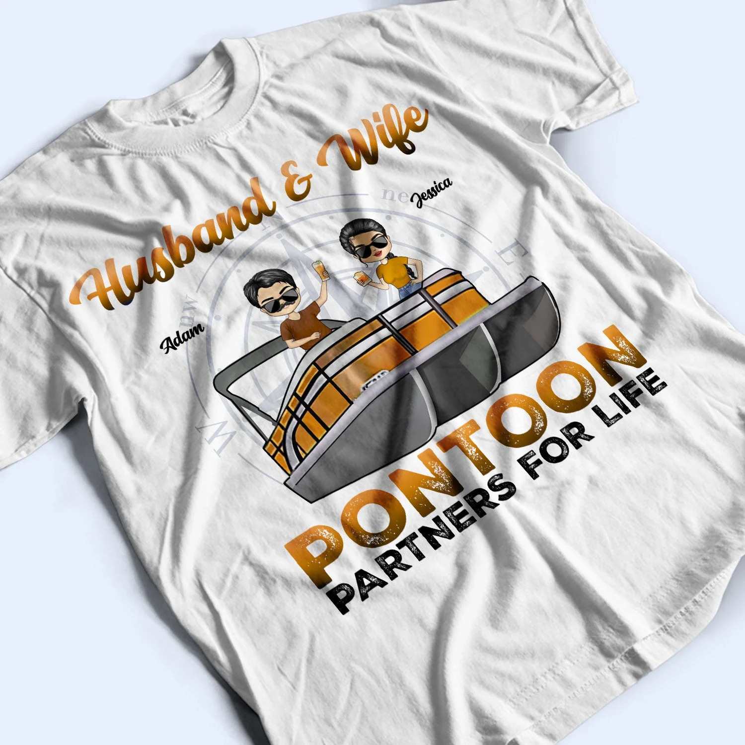Boating Husband & Wife Pontoon Partners For Life - Traveling, Cruising Gift For Couples, Pontooning Lovers, Beach Lovers, Travelers - Personalized Custom T Shirt - Image 3