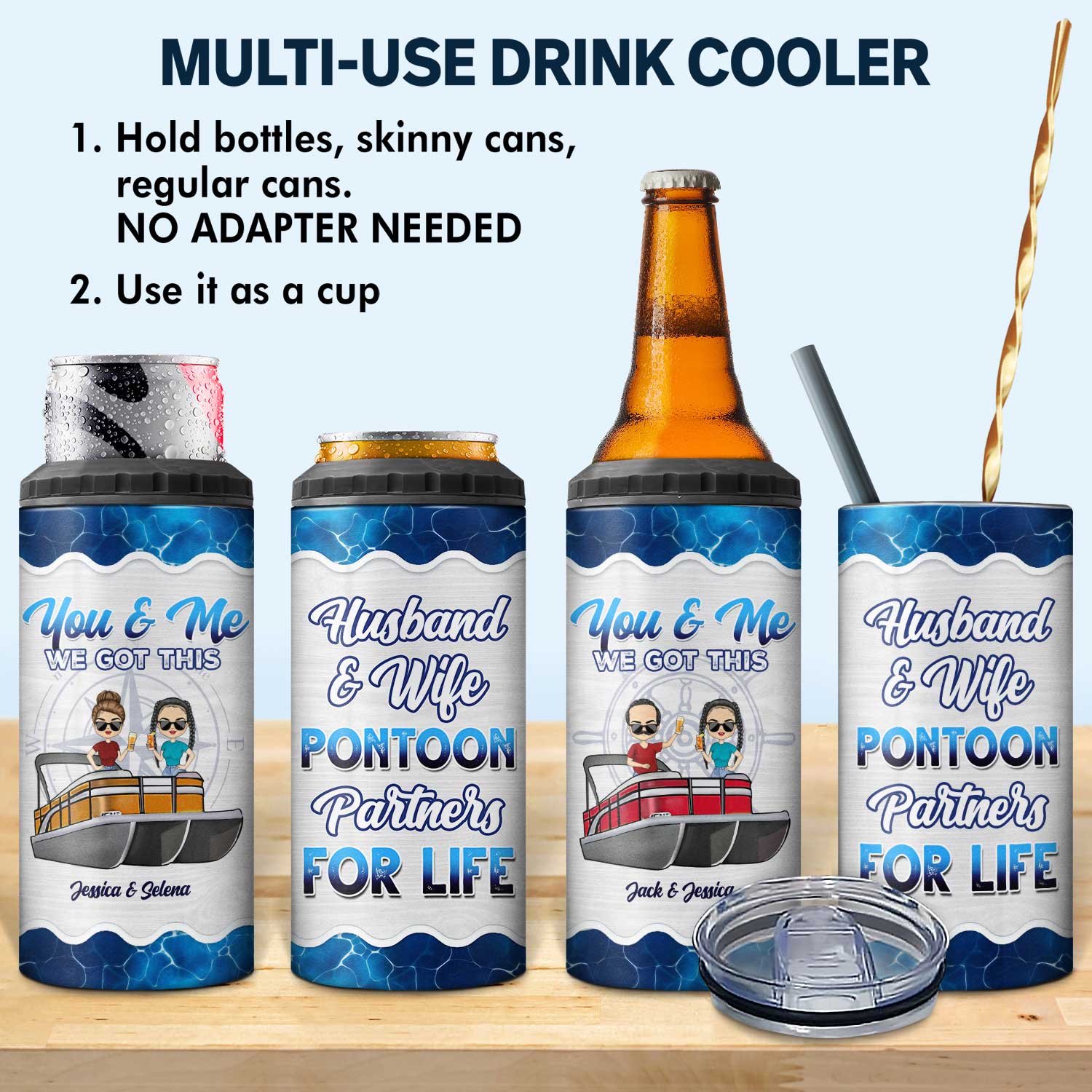 Boating Husband & Wife Pontoon Partners For Life - Traveling, Cruising Gift For Couples, Pontooning Lovers, Lake Lovers, Travelers - Personalized Custom 4 In 1 Can Cooler Tumbler - Image 2