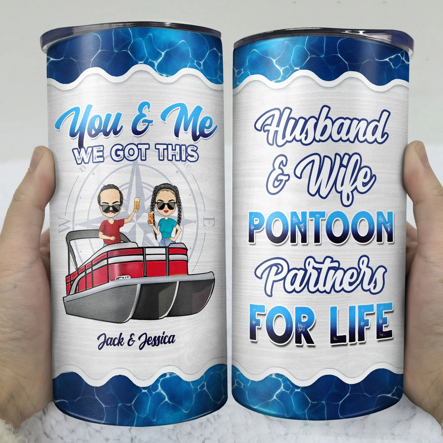 Boating Husband & Wife Pontoon Partners For Life - Traveling, Cruising Gift For Couples, Pontooning Lovers, Lake Lovers, Travelers - Personalized Custom 4 In 1 Can Cooler Tumbler - Image 3