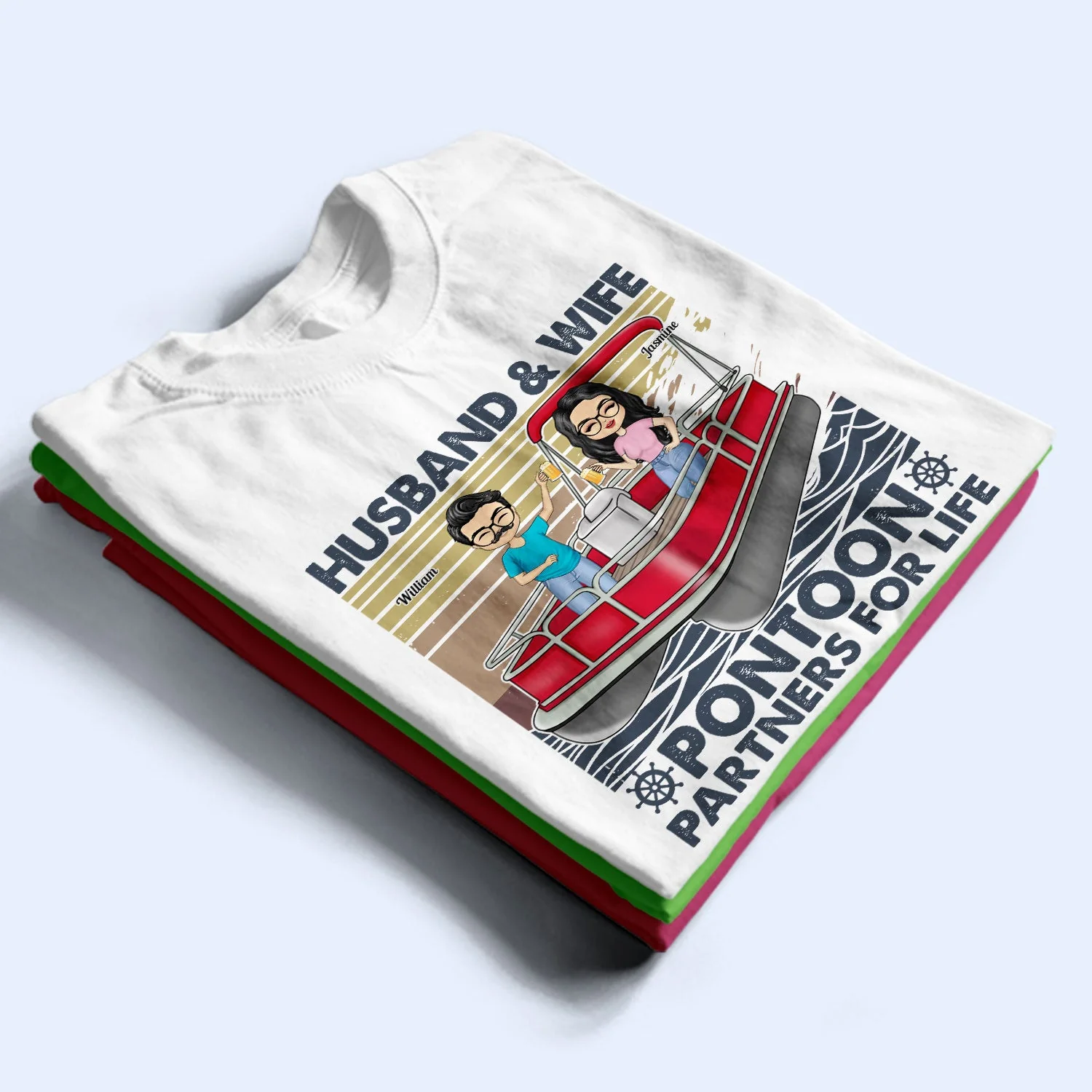 Boating Husband & Wife Pontoon Partners For Life - Traveling, Cruising Gift For Couples, Pontooning Lovers, Lake Lovers, Travelers - Personalized Custom T Shirt - Image 2