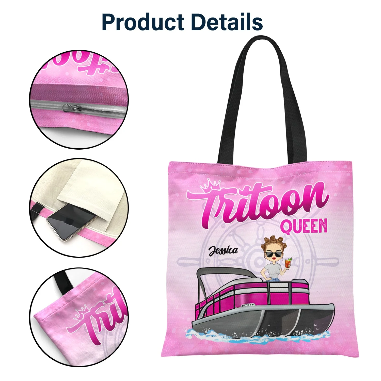 Boating Pontoon Queen - Traveling, Cruising Gift For Pontooning Lovers, Lake Lovers, Travelers, Women - Personalized Custom Zippered Canvas Bag - Image 5