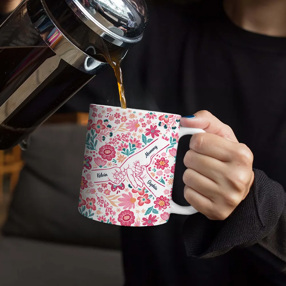 Boho Floral Hand In Hand Grandma Mom - Personalized White Edge-to-Edge Mug - Image 4
