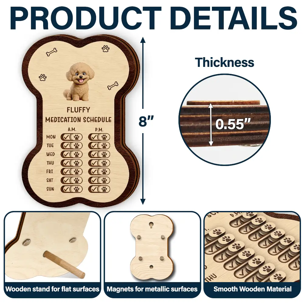 Bone Shaped Feeding And Medication Tracker - Personalized Wooden Pet Feeding Reminder - Image 5