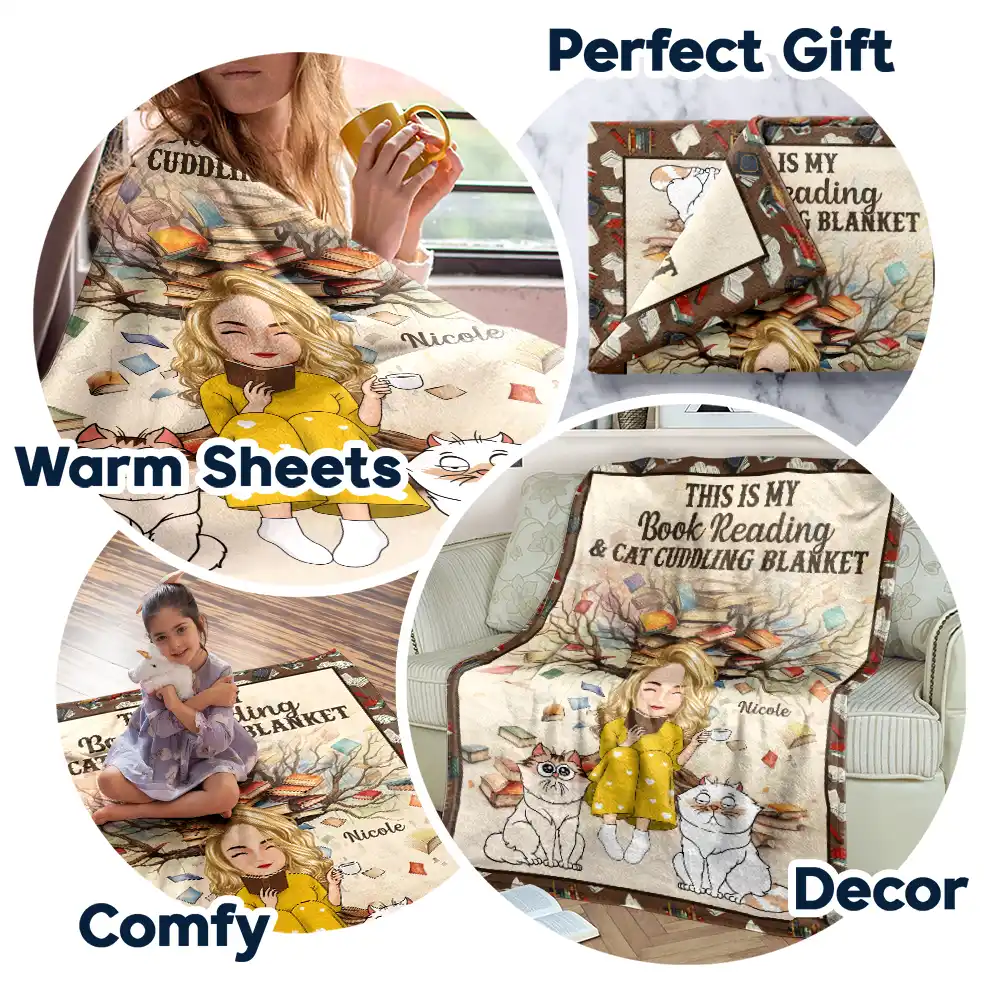 Book Reading & Cat Cuddling Blanket - Personalized Fleece Blanket, Sherpa Blanket - Image 5