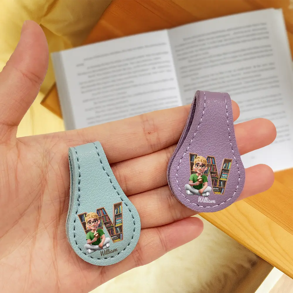 Bookish Monogram Girl With Book - Personalized Circle Leather Magnetic Bookmark - Image 3