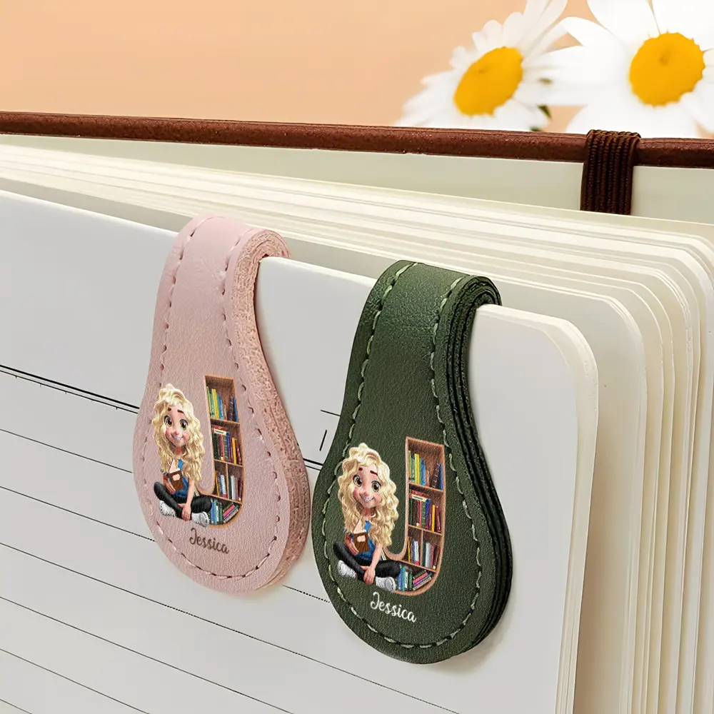 Bookish Monogram Girl With Book - Personalized Circle Leather Magnetic Bookmark - Image 4