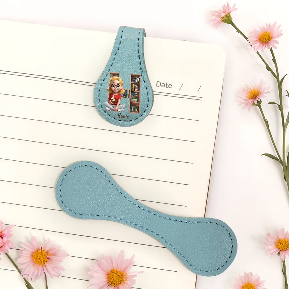 Bookish Monogram Girl With Book - Personalized Circle Leather Magnetic Bookmark - Image 5