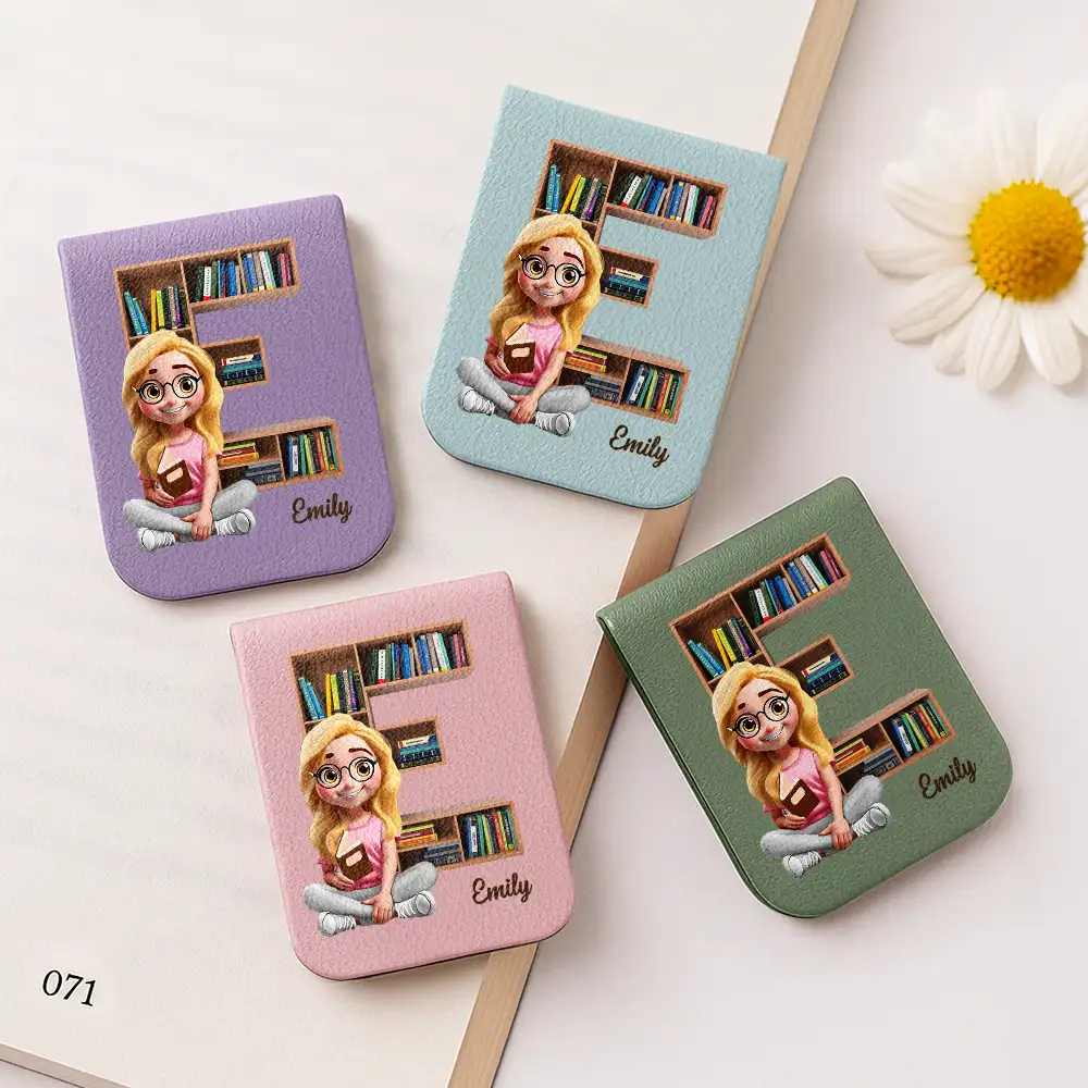 Bookish Monogram Girl With Book - Personalized Leather Magnetic Bookmark - Image 2