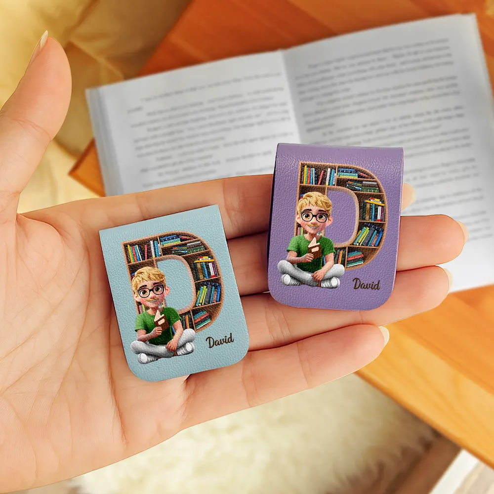 Bookish Monogram Girl With Book - Personalized Leather Magnetic Bookmark - Image 3