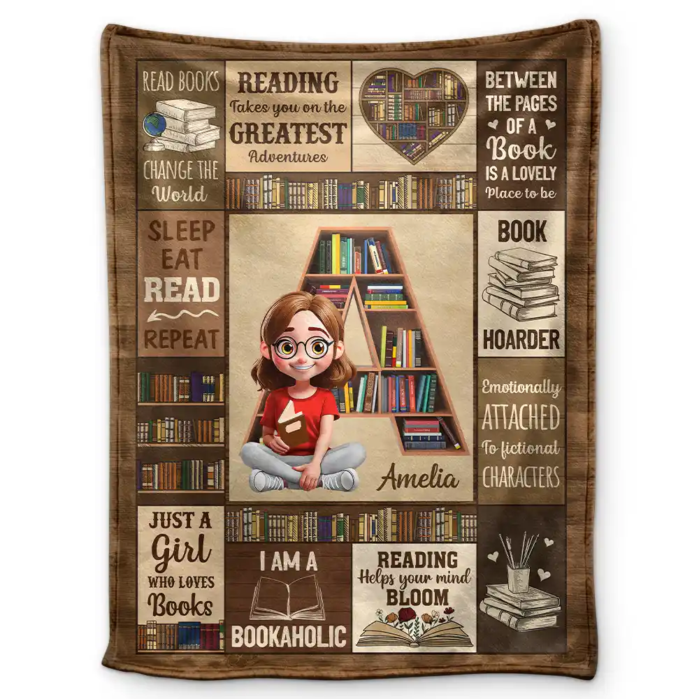 Bookish Monogram Reading Blanket - Personalized Fleece Blanket, Sherpa Blanket