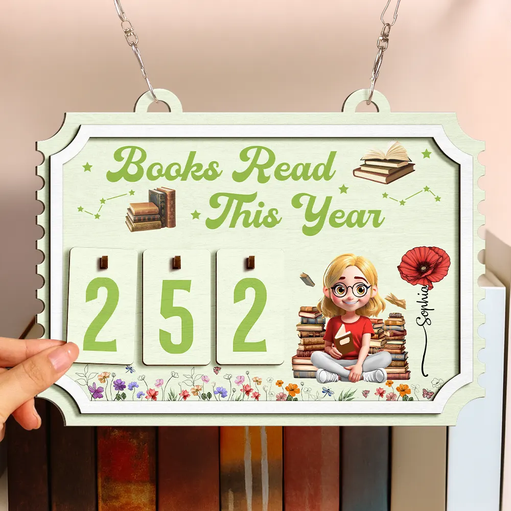 Books Read This Year Reading Girl With Birth Month Flower - Personalized Hanging Tracker Sign - Image 3