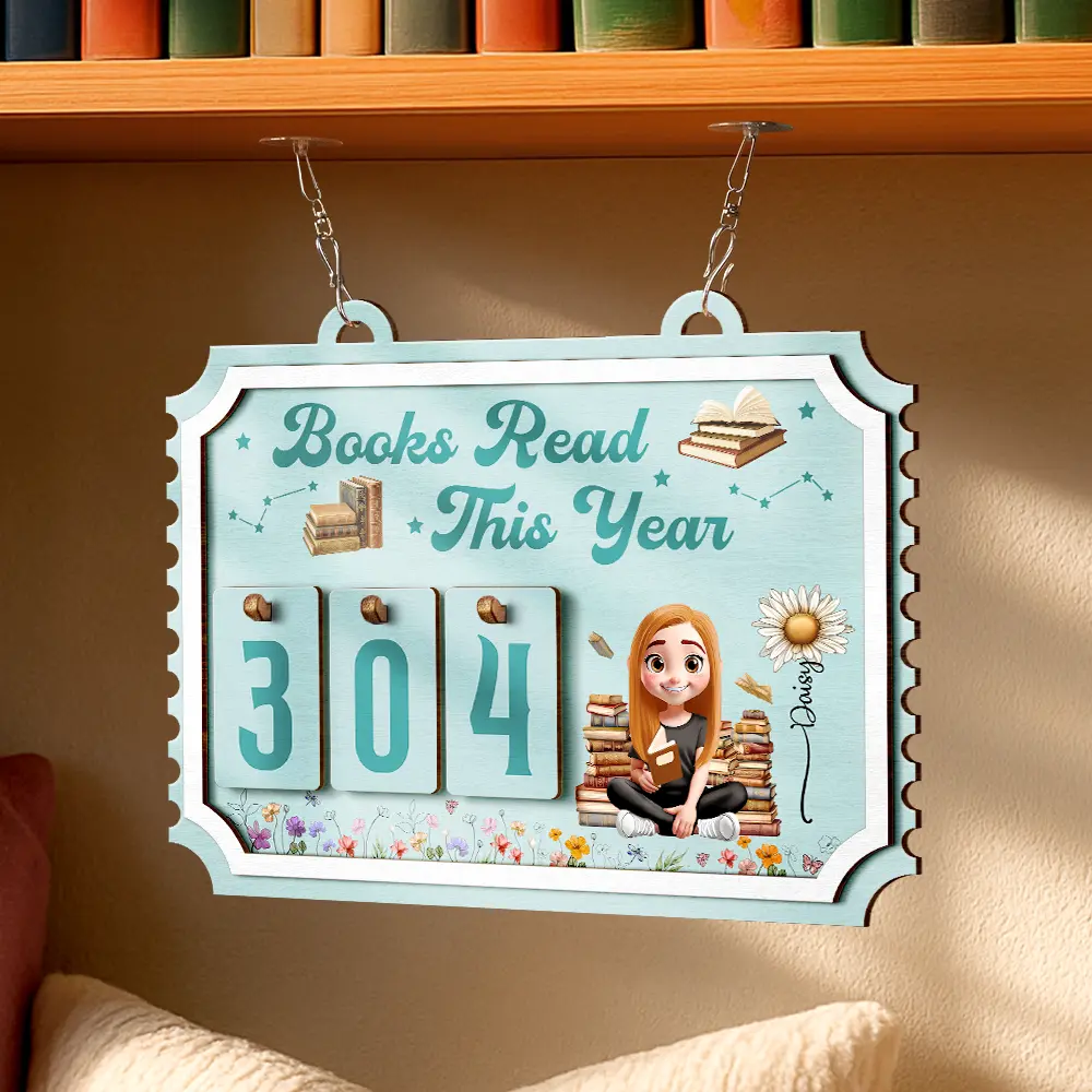Books Read This Year Reading Girl With Birth Month Flower - Personalized Hanging Tracker Sign - Image 4