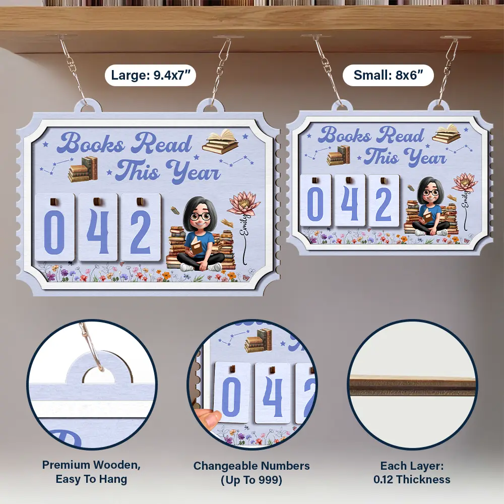 Books Read This Year Reading Girl With Birth Month Flower - Personalized Hanging Tracker Sign - Image 6