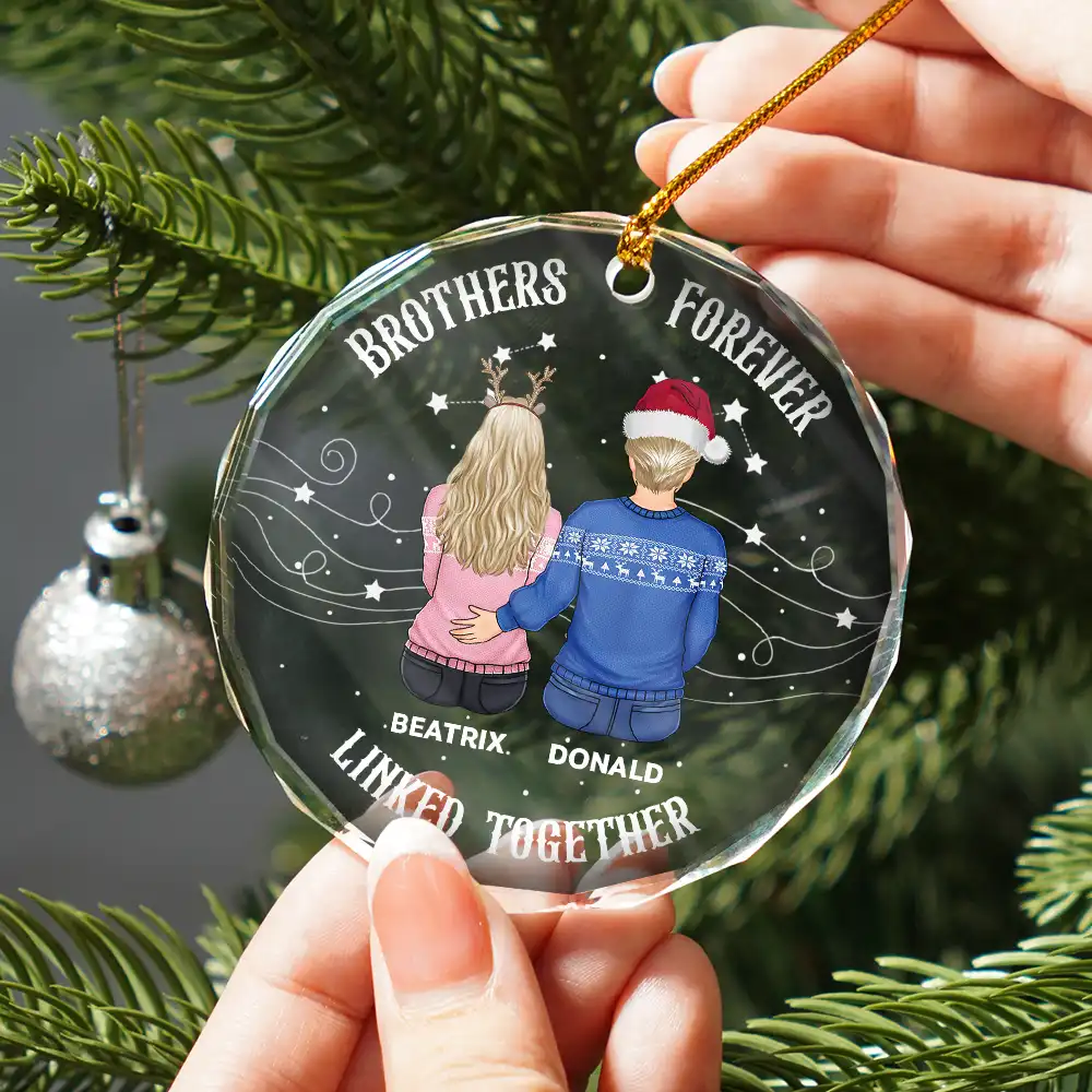 Brother Sister Forever Linked Together - Personalized Circle Glass Ornament - Image 2