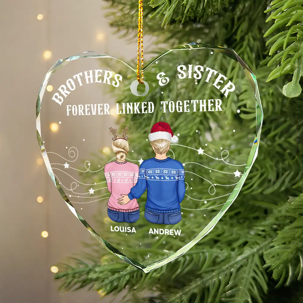 Brother Sister Forever Linked Together - Personalized Heart Shaped Glass Ornament - Image 3