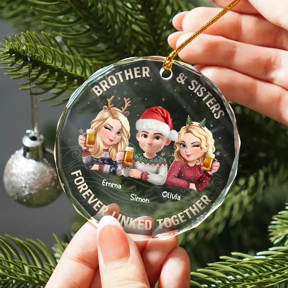 Brothers & Sisters Forever Linked Together - Personalized Circle Glass Ornament - Image 2